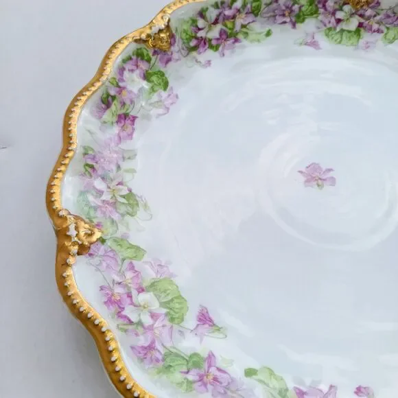Antique A.Lanternier Limoges Porcelain Plate-Violets-Moriage Trim-Handpainted